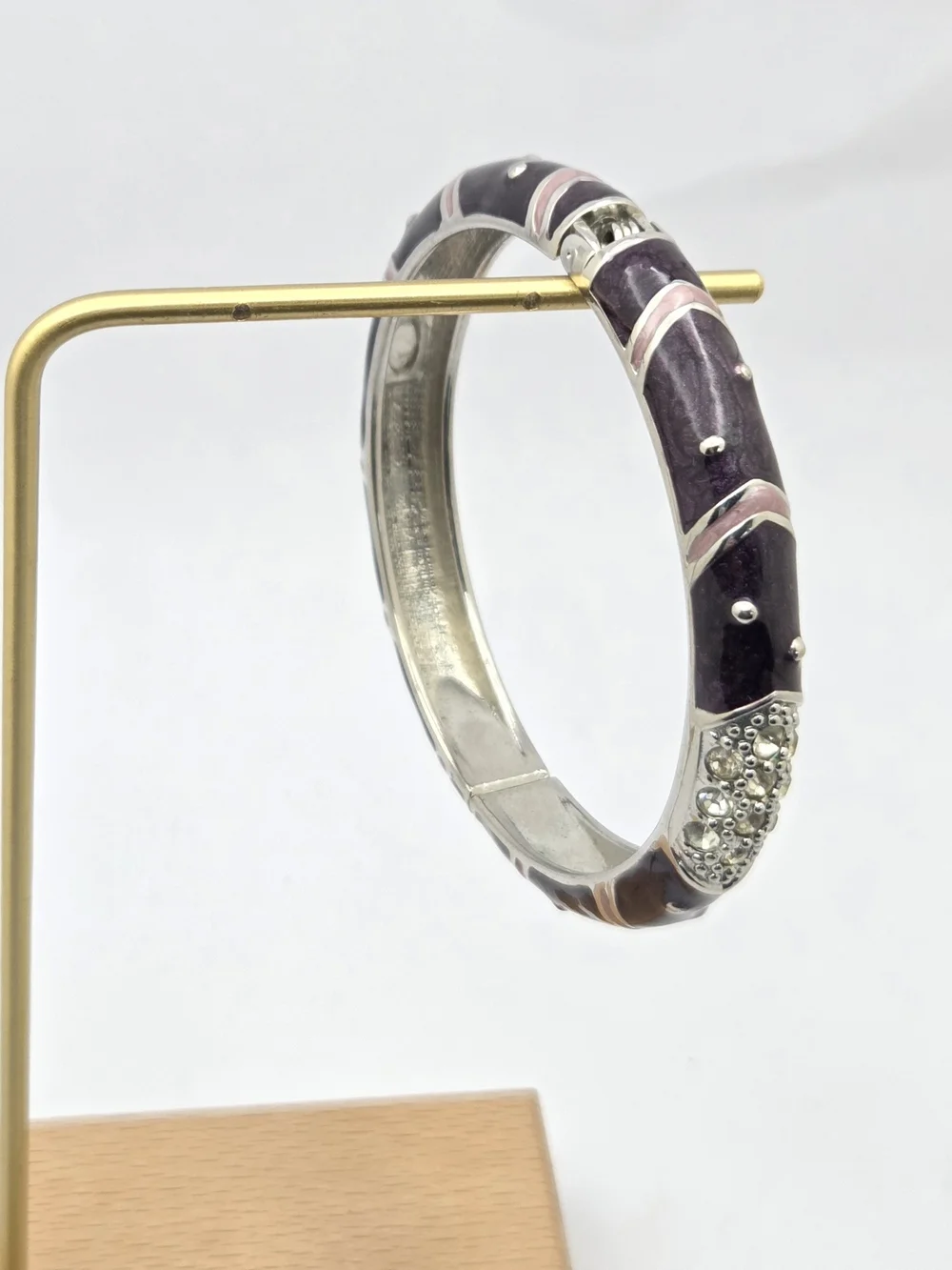 Premier Designs Purple & Pink Enamel Hinged Bangle Silver Tone Rhinestone Accent
